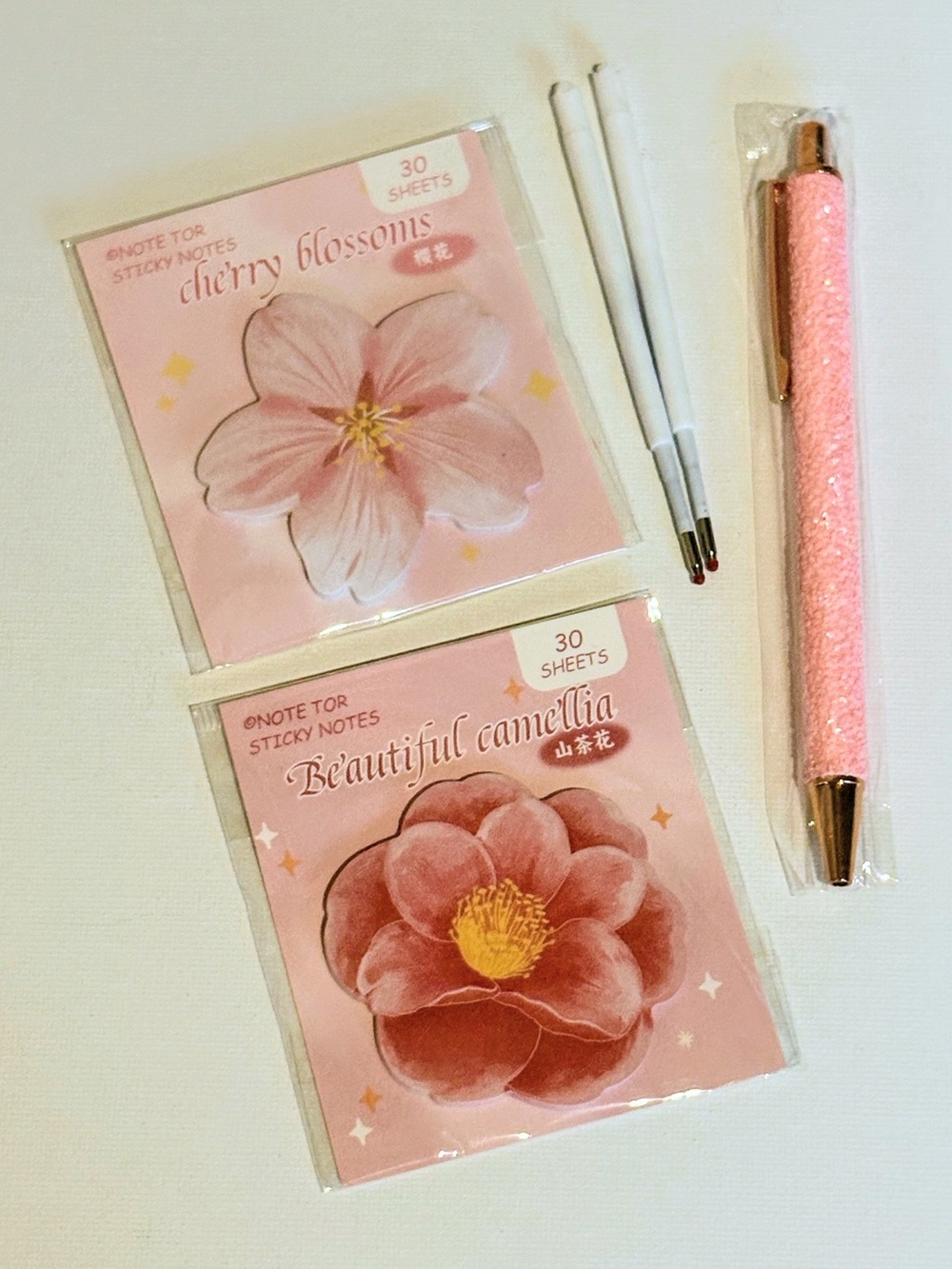 Cherry Blossoms & Beautiful Camellia Sticky Notes w/Pink Glitter Pen - nwot